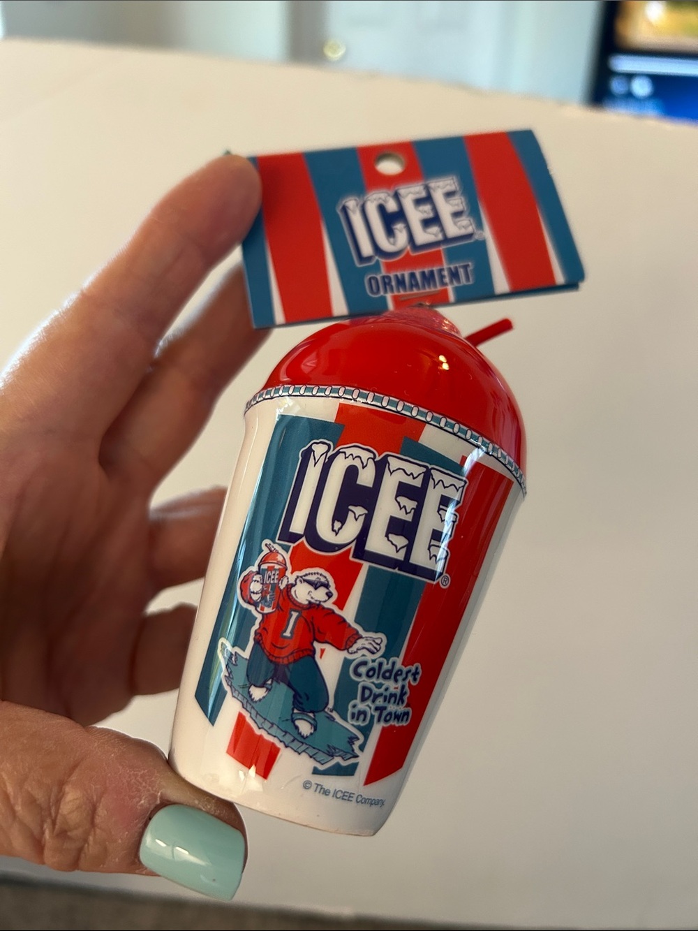 Icee Red & Blue Striped Drink Christmas tree Ornament NEW with polar bear logo